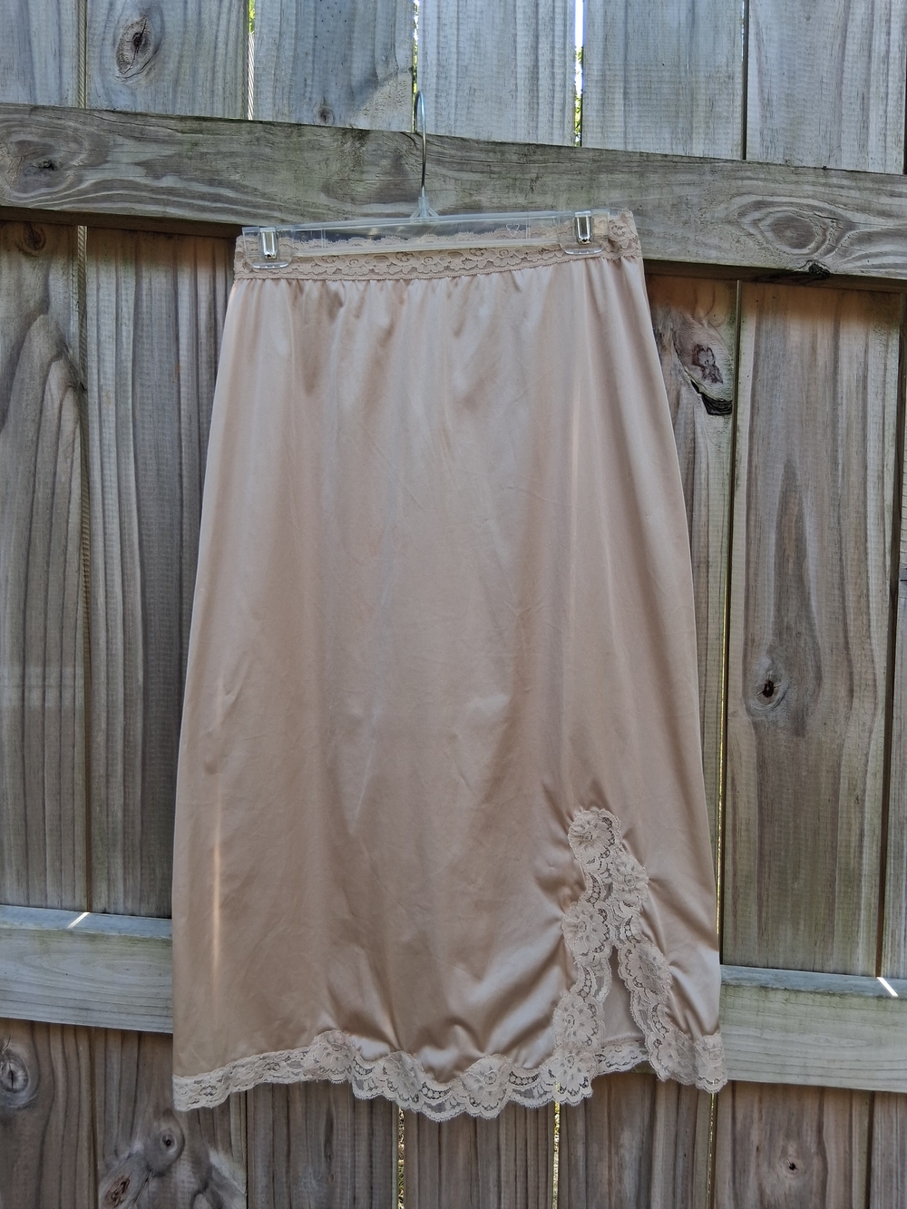 Vintage Beige Lace-Trim Midi Slip Skirt